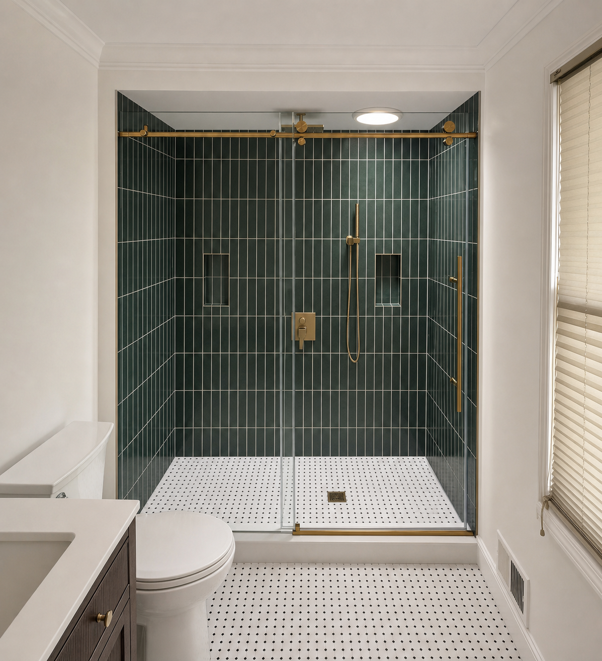 Cleaned portfolio view of dark green tile shower by DHR