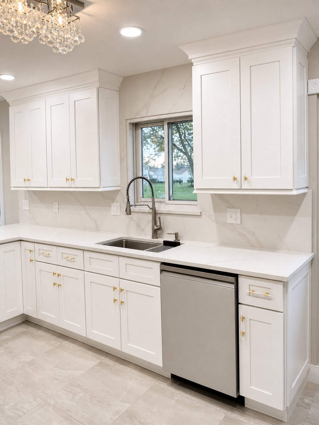 White DHR kitchen sink cabinetry with brass hardware