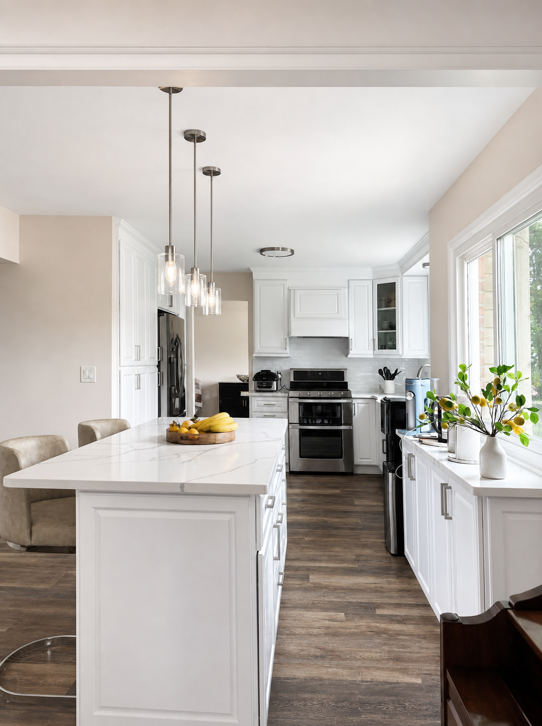 Long white island in a completed DHR kitchen